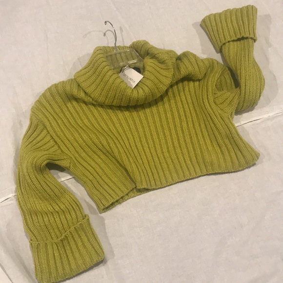 Cotton Candy LA Green Chunky Ribbed Cuffed Cowl Neck Cropped Sweater M - Picture 1 of 11